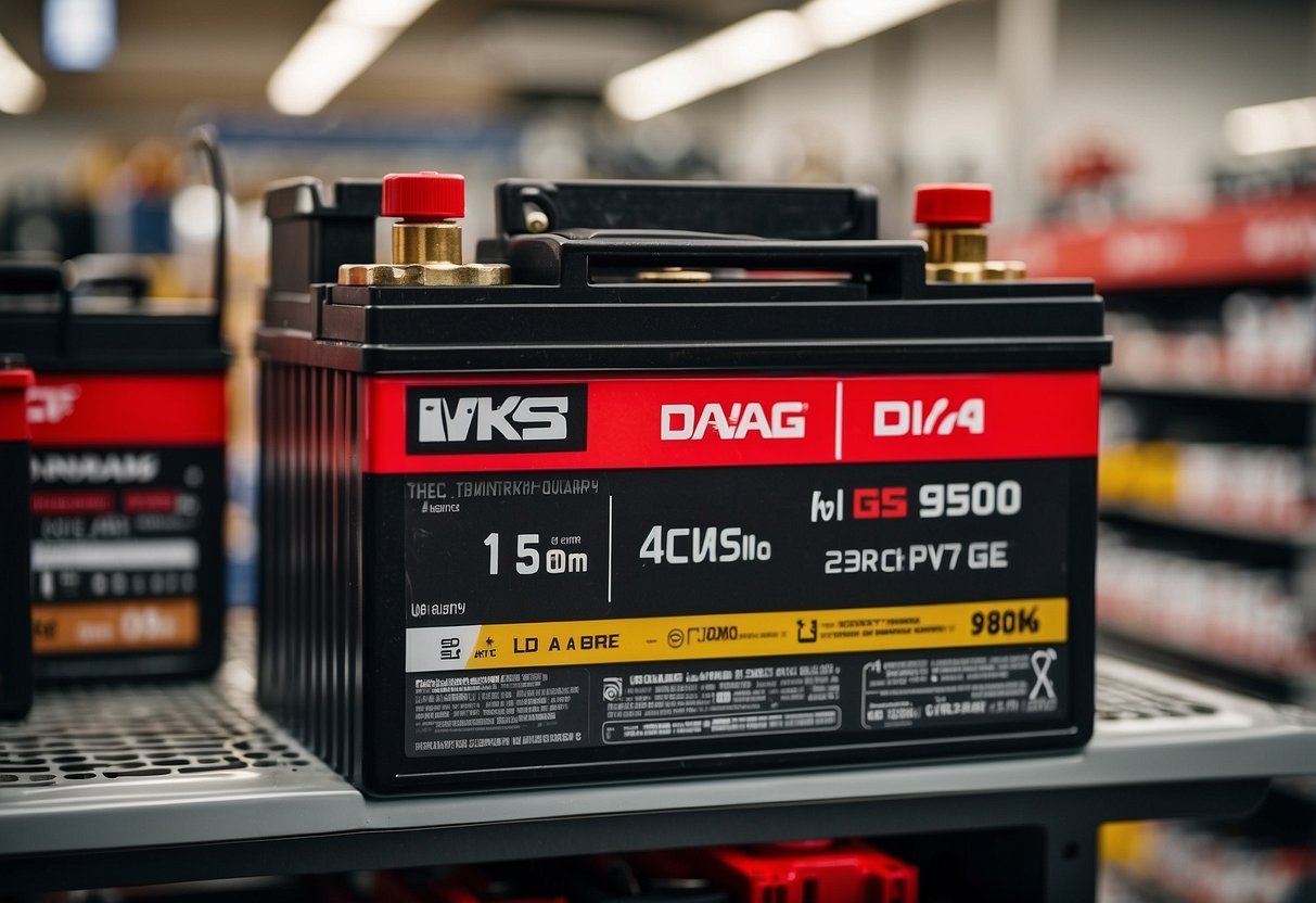 A car battery sits on a shelf at Canadian Tire, surrounded by other automotive supplies. The price tag prominently displays the cost