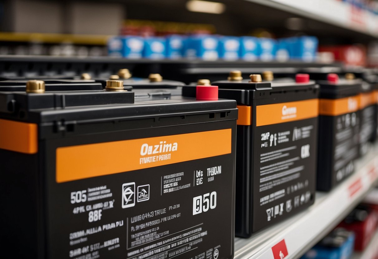 A car battery sits on a shelf at Canadian Tire, surrounded by other automotive supplies. The label displays the price and specifications