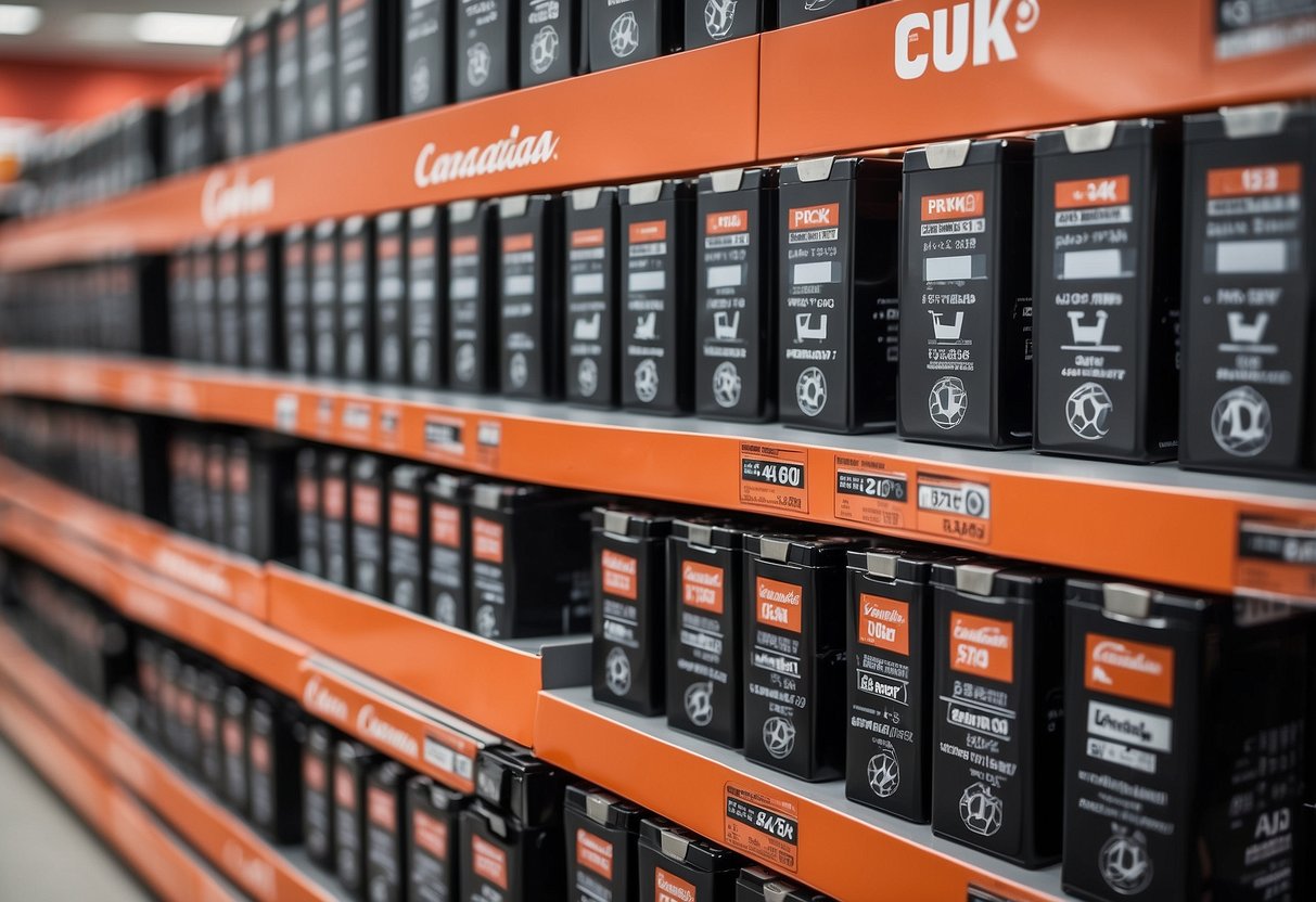 A display of car batteries at Canadian Tire with clear pricing and value tags