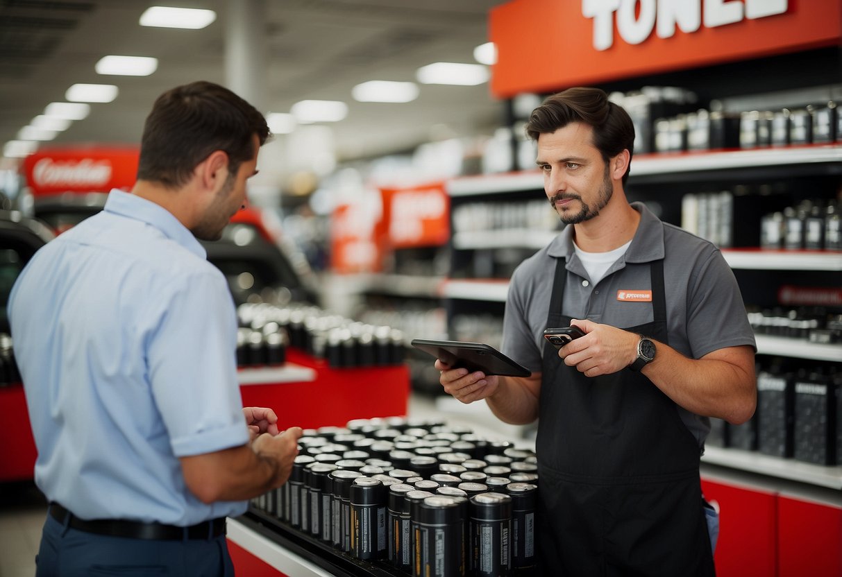 A customer at Canadian Tire examines car batteries, while a sales associate explains financing and payment options