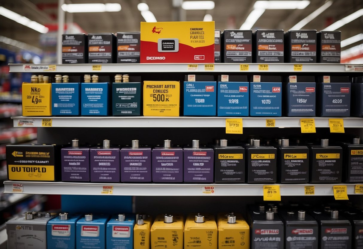 A display of car batteries at Canadian Tire, with signs highlighting rewards and savings programs