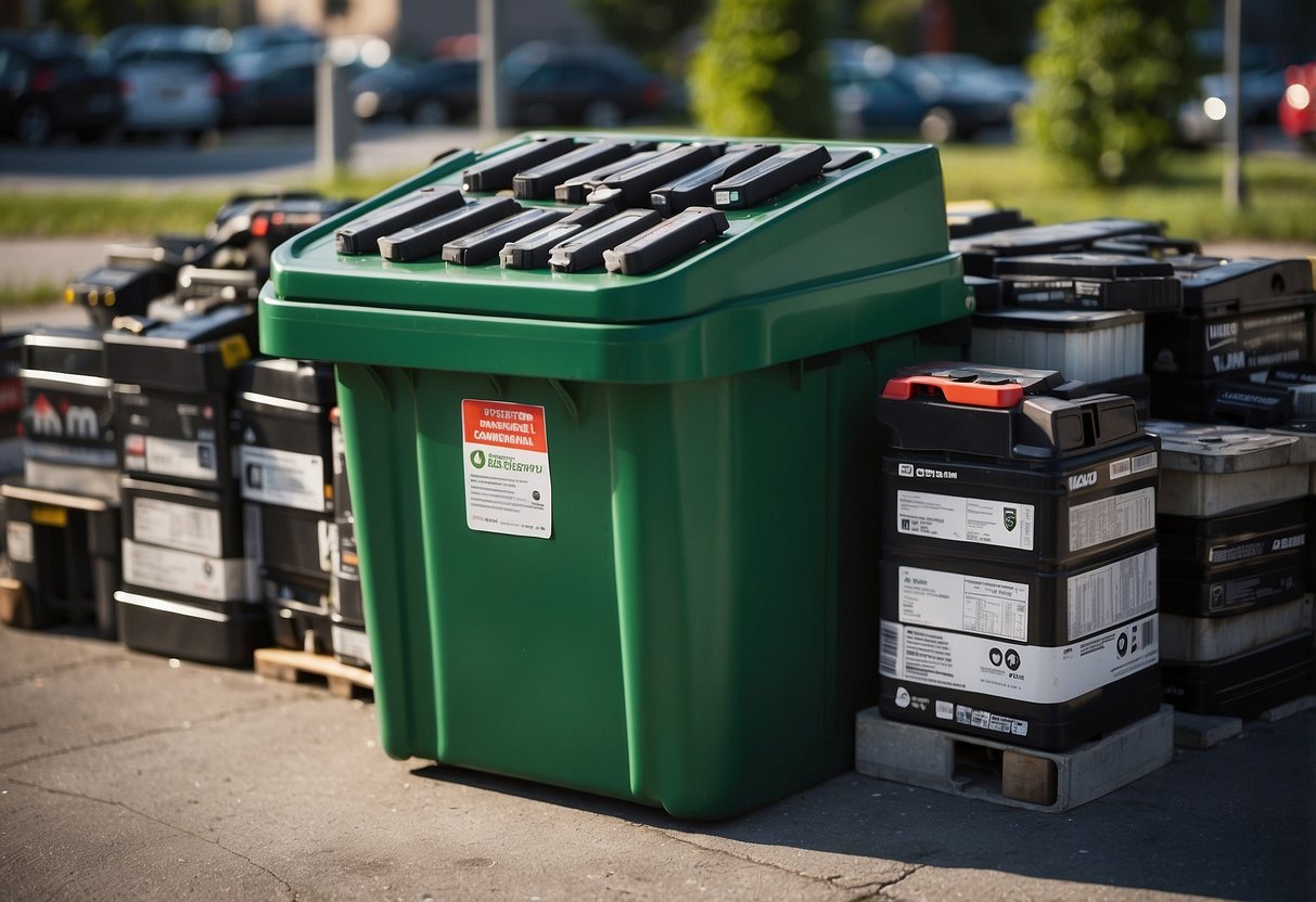 A pile of used car batteries sits next to a recycling bin outside Canadian Tire, highlighting the environmental impact of battery disposal