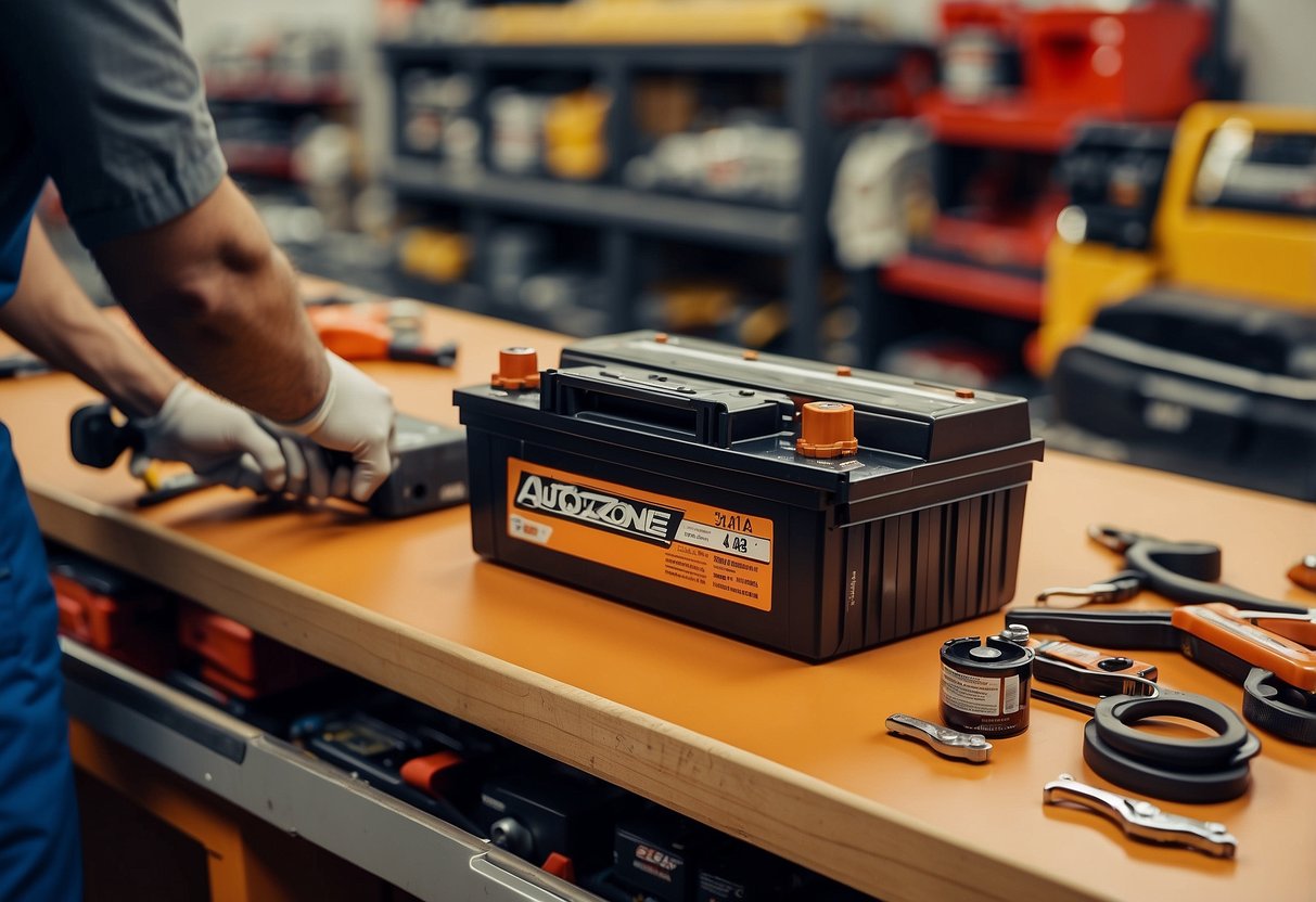 A car battery being replaced at an AutoZone store with tools and a new battery displayed on a clean, organized workbench