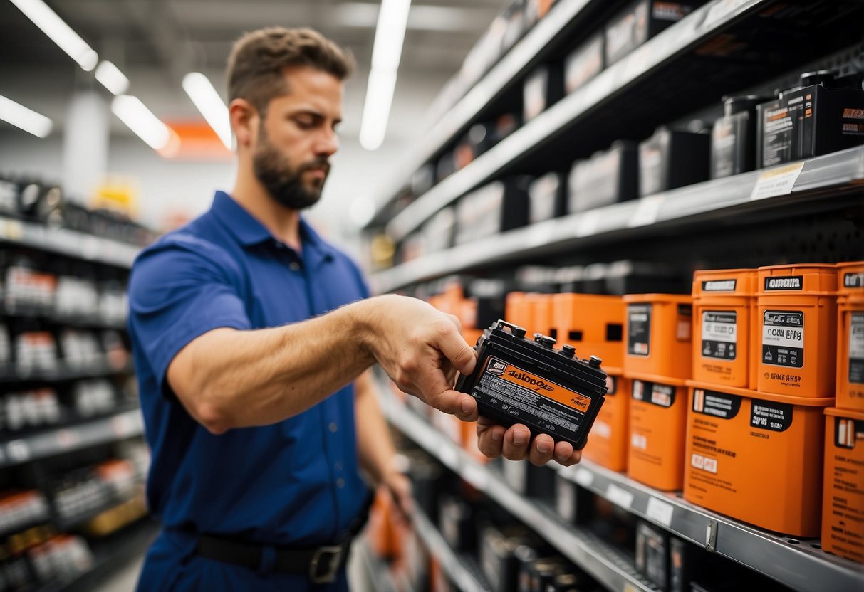 A hand reaches for a car battery on a shelf at AutoZone, surrounded by various battery options and a helpful employee nearby