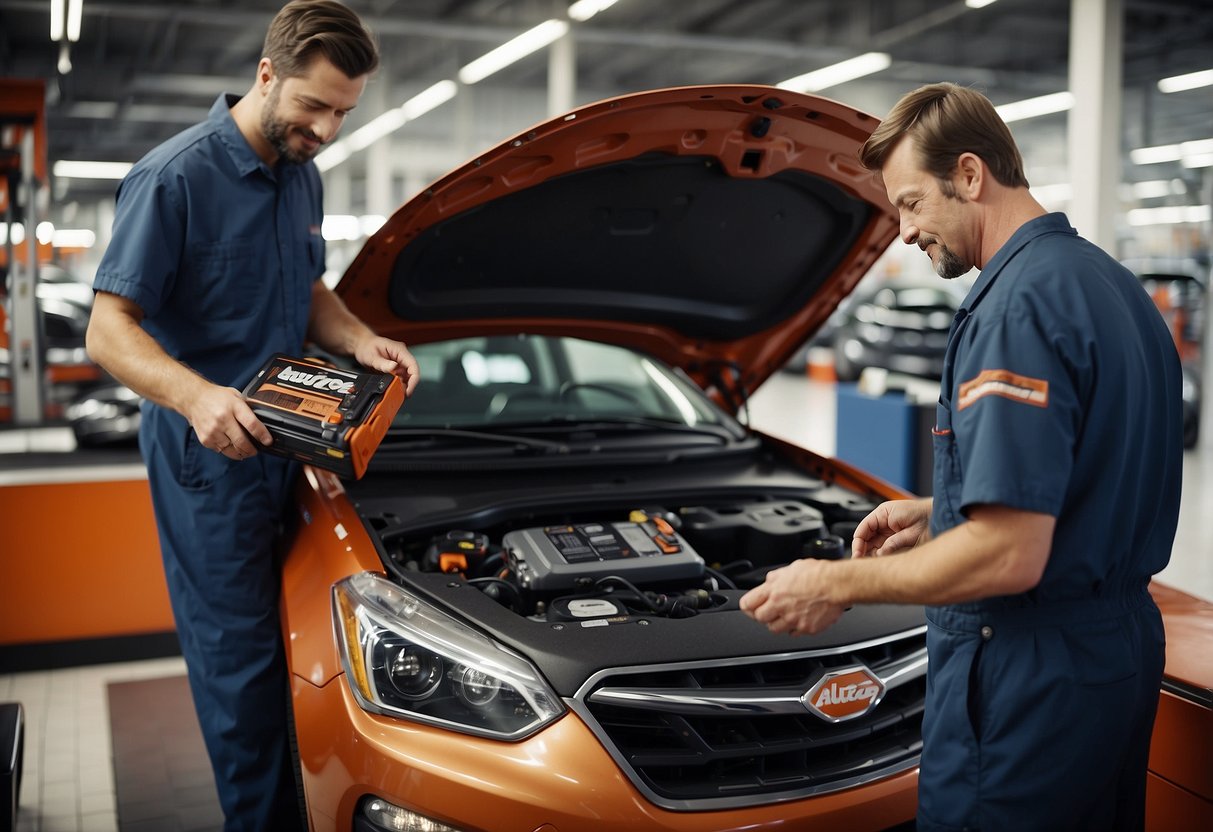 AutoZone technicians replacing a car battery, tools and equipment laid out, vehicle hood open, with a satisfied customer looking on