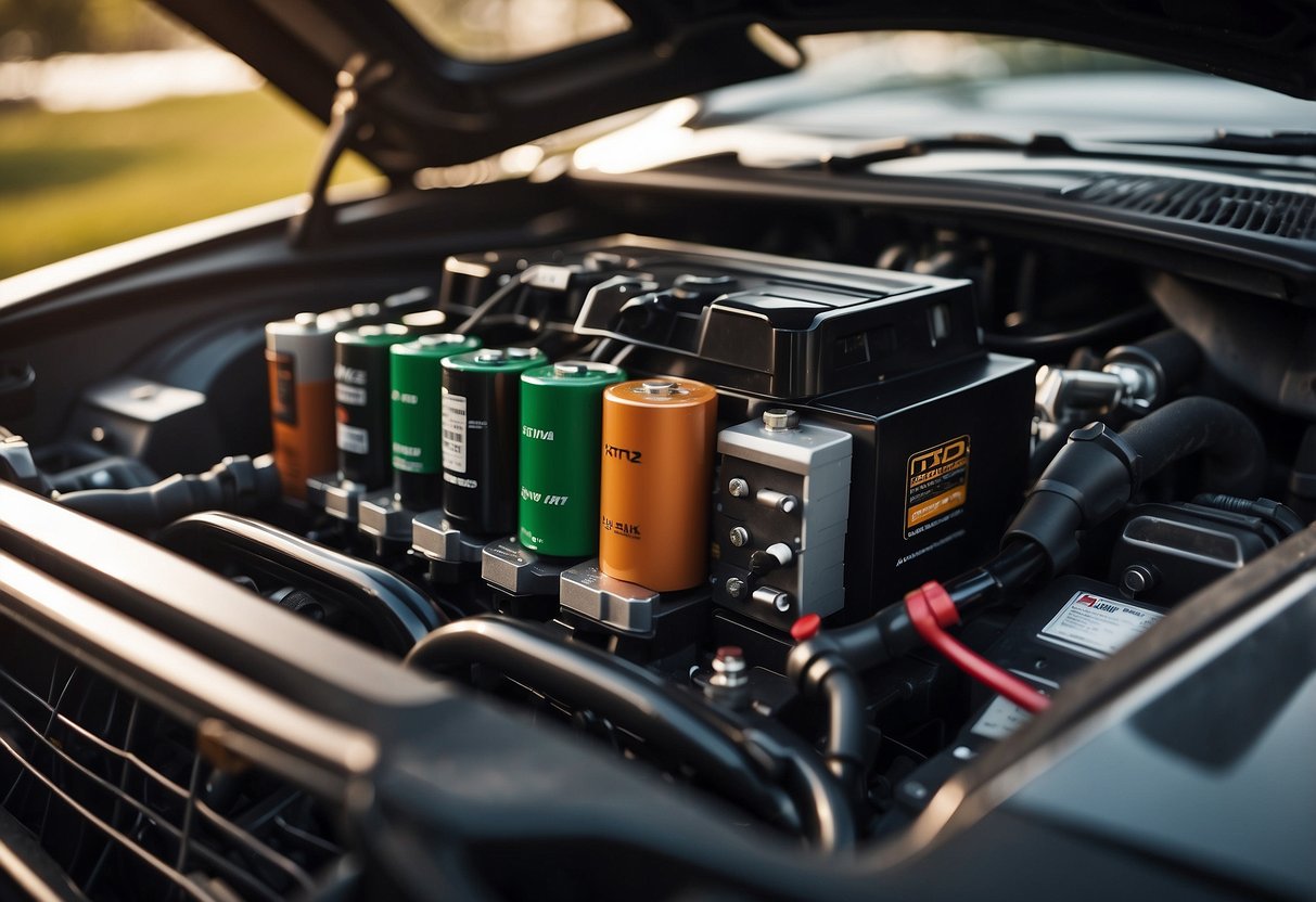 A car battery sits in a vehicle's engine compartment, connected to the charging system