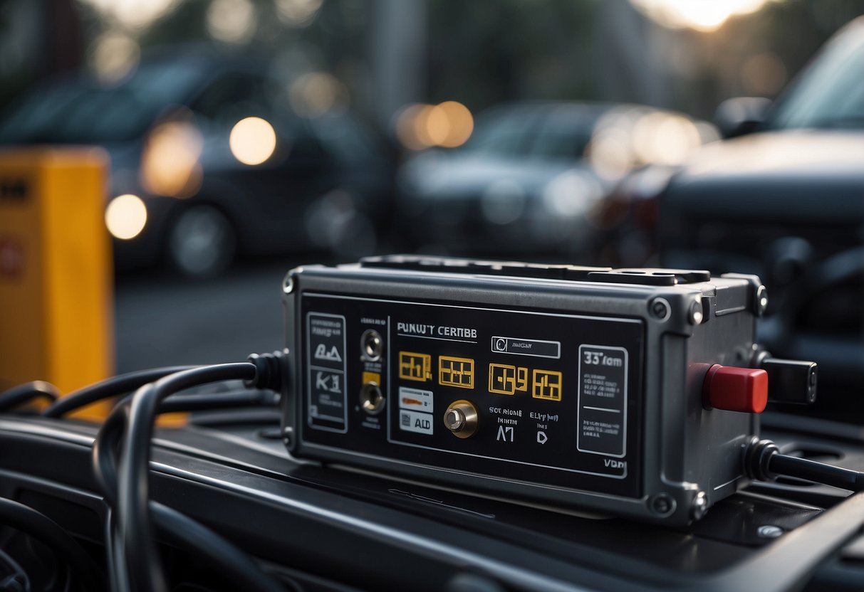 A car battery sits connected to a vehicle's charging system, with arrows illustrating the flow of electricity and various factors affecting its health and longevity