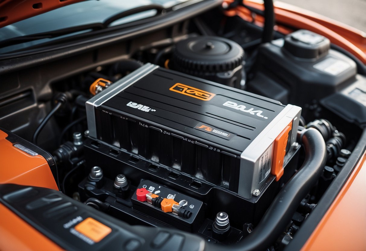 A car battery sits under the hood, connected to the engine. A trickle charger is plugged in, providing a slow, steady charge to the battery