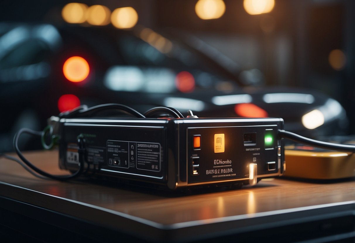 A car battery sits connected to a charging station, emitting a soft glow as it recharges, surrounded by various technological components and tools