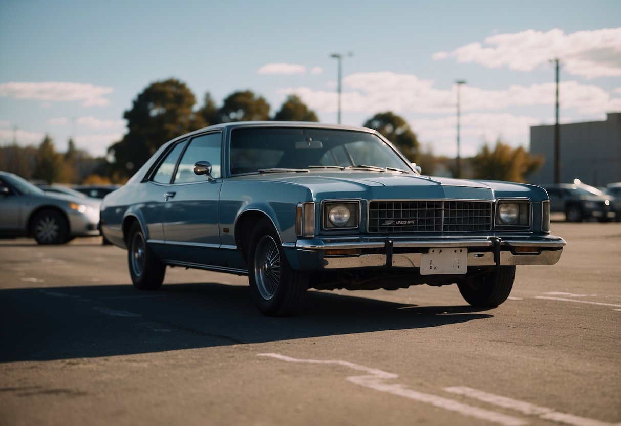 A car sits idle in a deserted parking lot. The hood is open, revealing a dead battery. No one is around to jumpstart it