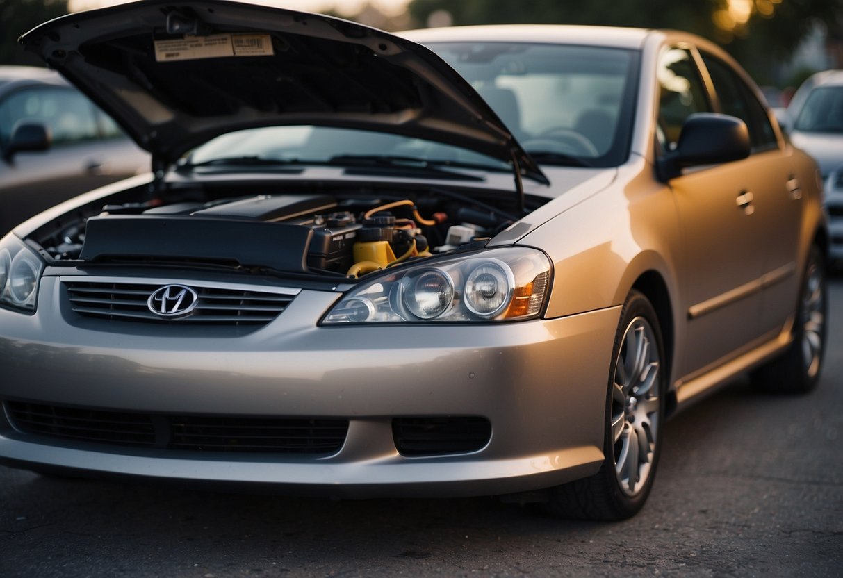 A car with a dead battery sits in a parking lot, unable to start. The hood is open, revealing the disconnected alternator