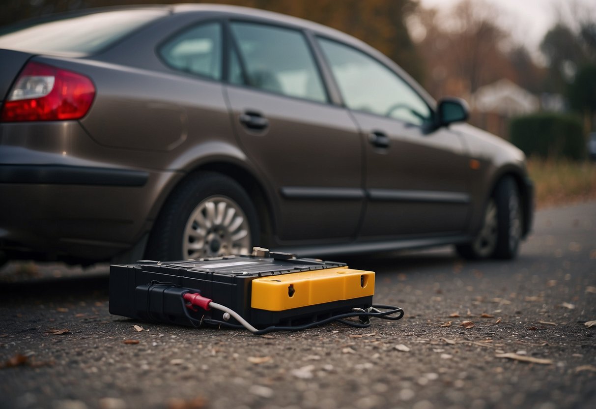 A dead car battery lies on the ground next to a stranded vehicle, with no signs of life or power