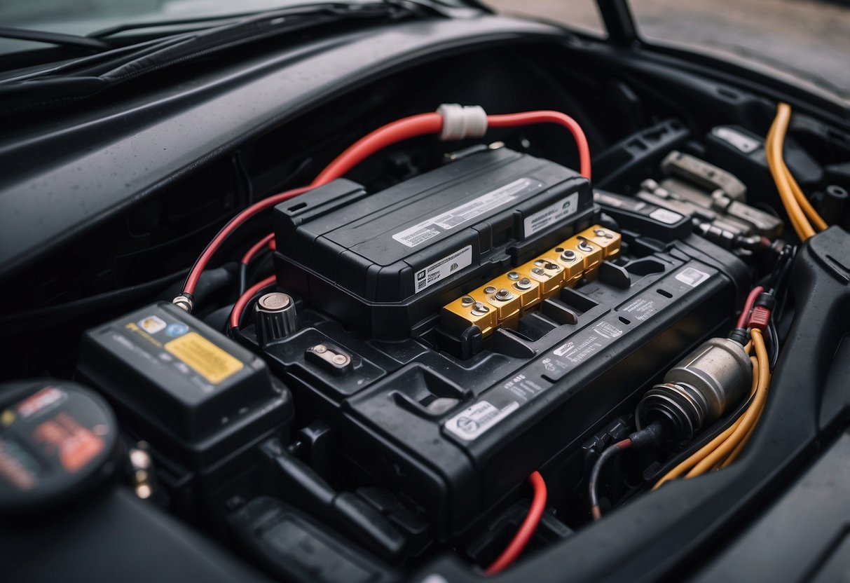 Car battery sits dead in a car, surrounded by various common causes of drain, such as lights left on and electrical issues