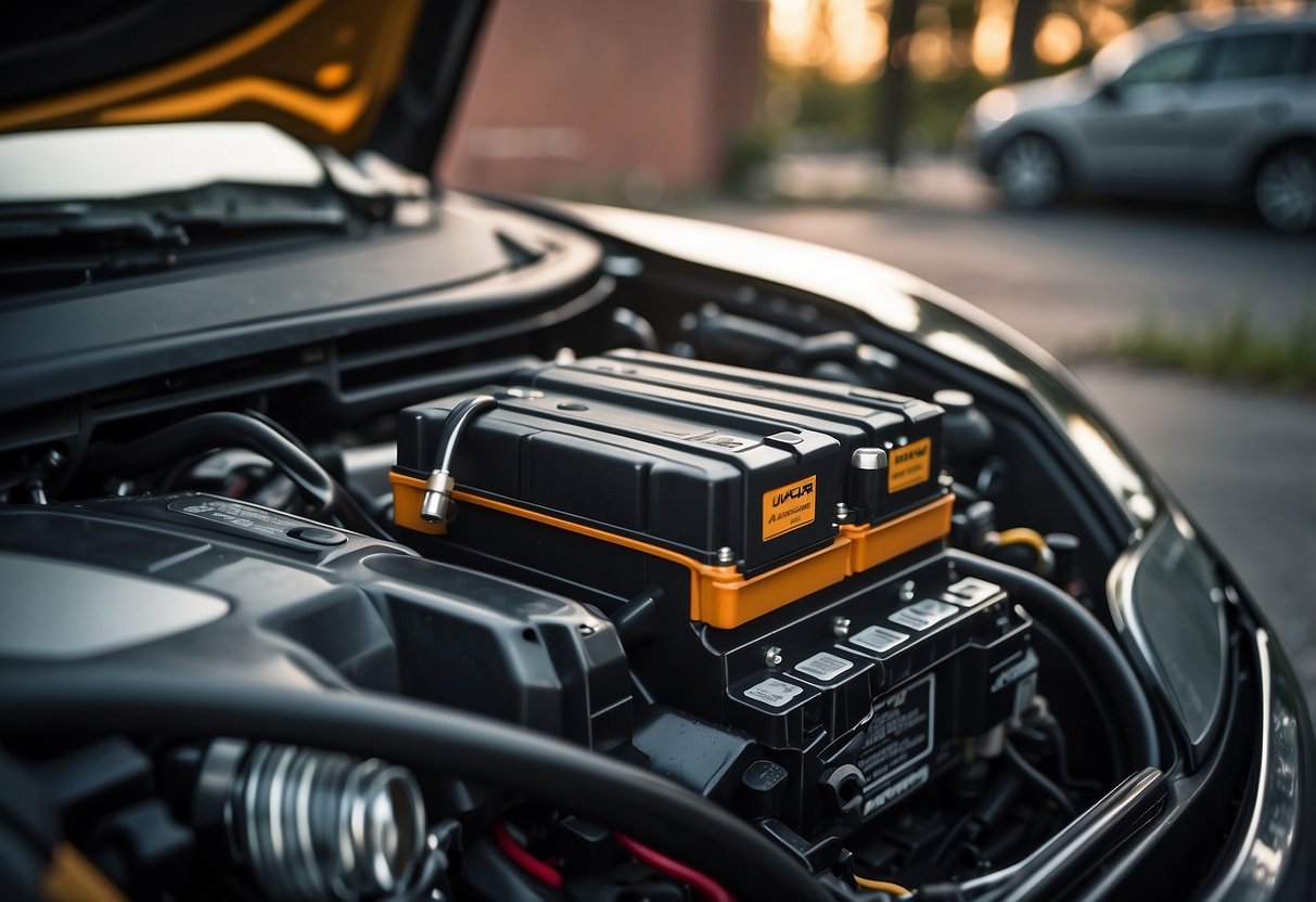 A car battery powers the electrical systems, impacting fuel consumption. The battery connects to the engine, headlights, and other components