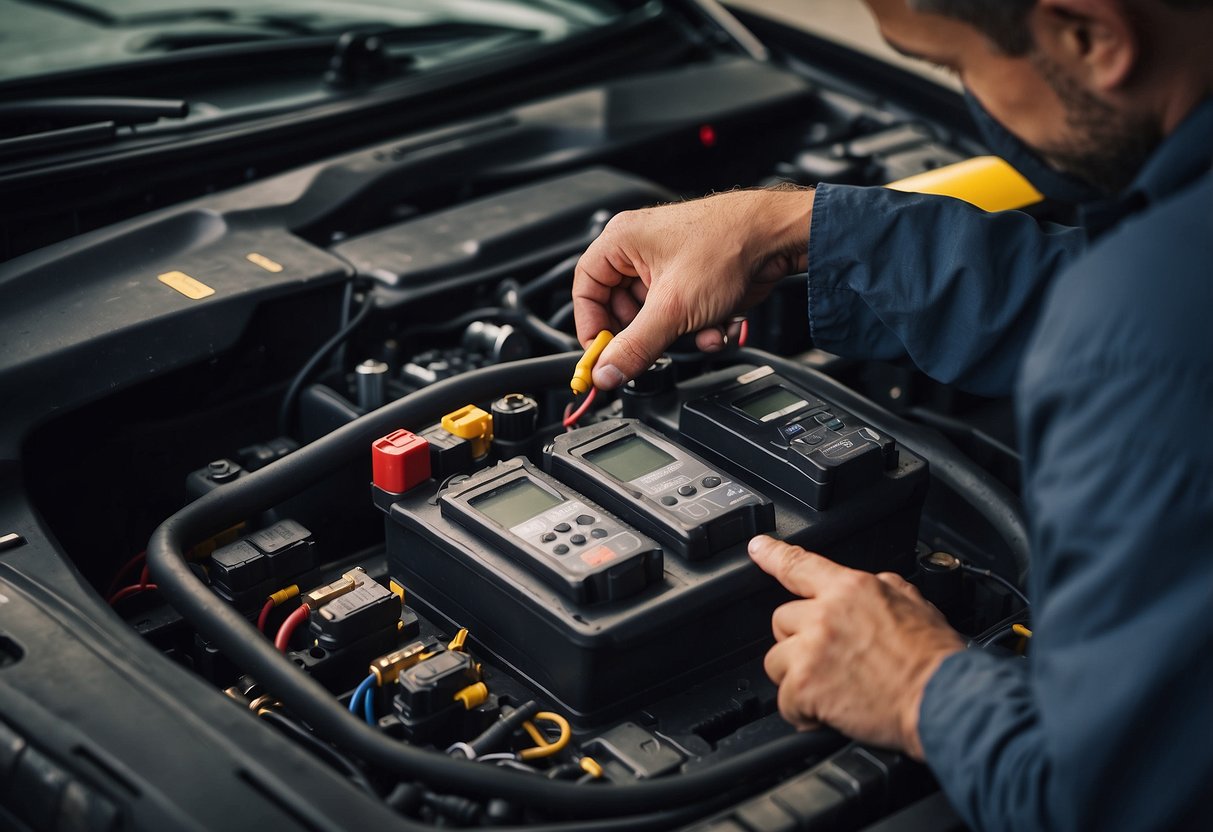 A mechanic checks a car battery with a multimeter. The battery terminals are clean and free of corrosion. The mechanic tightens the connections for optimal performance