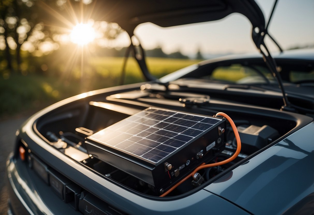 A solar panel connects to a car battery with wires. The sun shines down on the panel, generating electricity for the battery