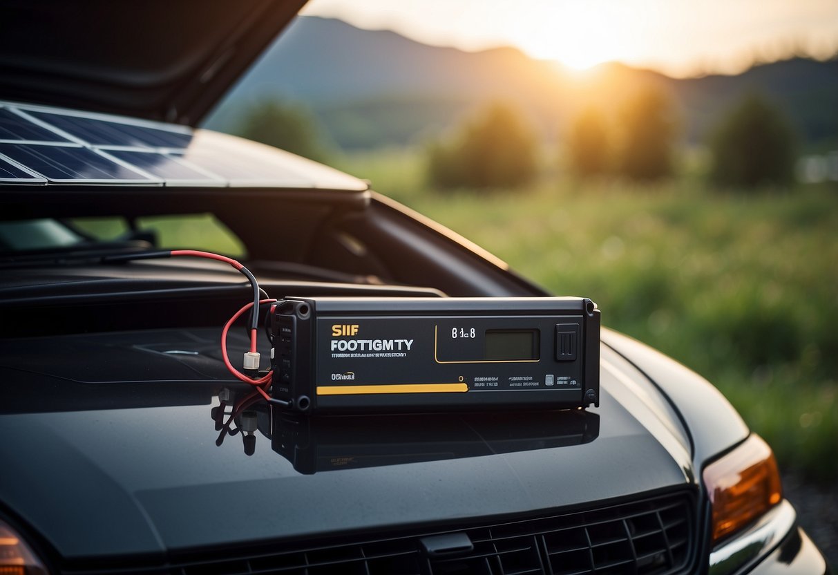 A car battery connected to a solar panel, powering a vehicle