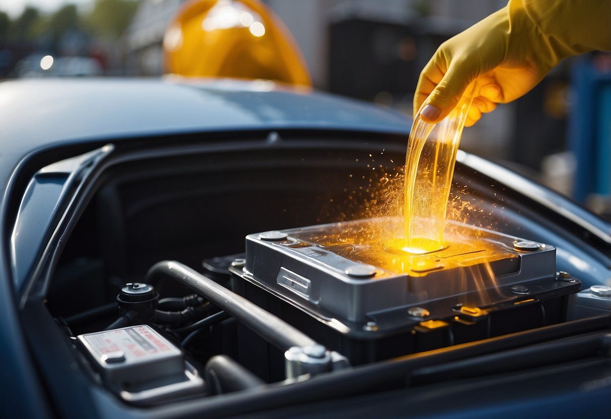 Sulfuric acid being poured into a car battery, causing a chemical reaction and producing electrical energy