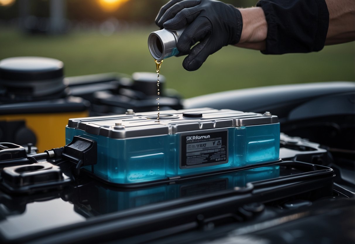 Sulfuric acid being poured into a car battery casing, surrounded by lead plates and filled with distilled water