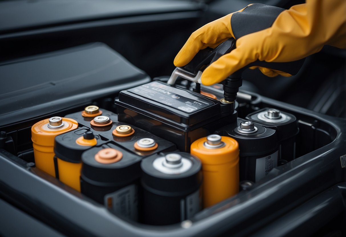 A car battery with sulfuric acid being poured into it, showing the process of optimizing battery life and efficiency