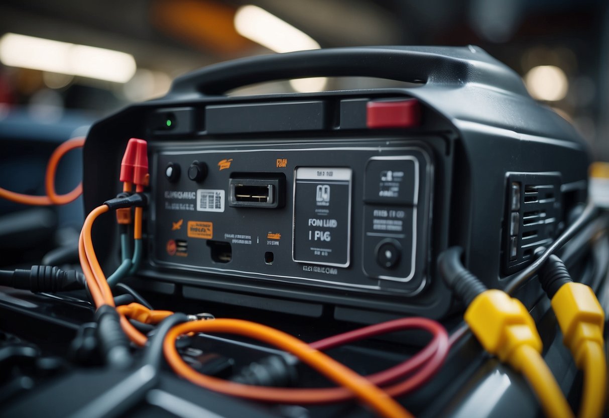 A car battery sits connected to a charging system, surrounded by electrical components and wires. The battery shows signs of recharging with a visible increase in power levels