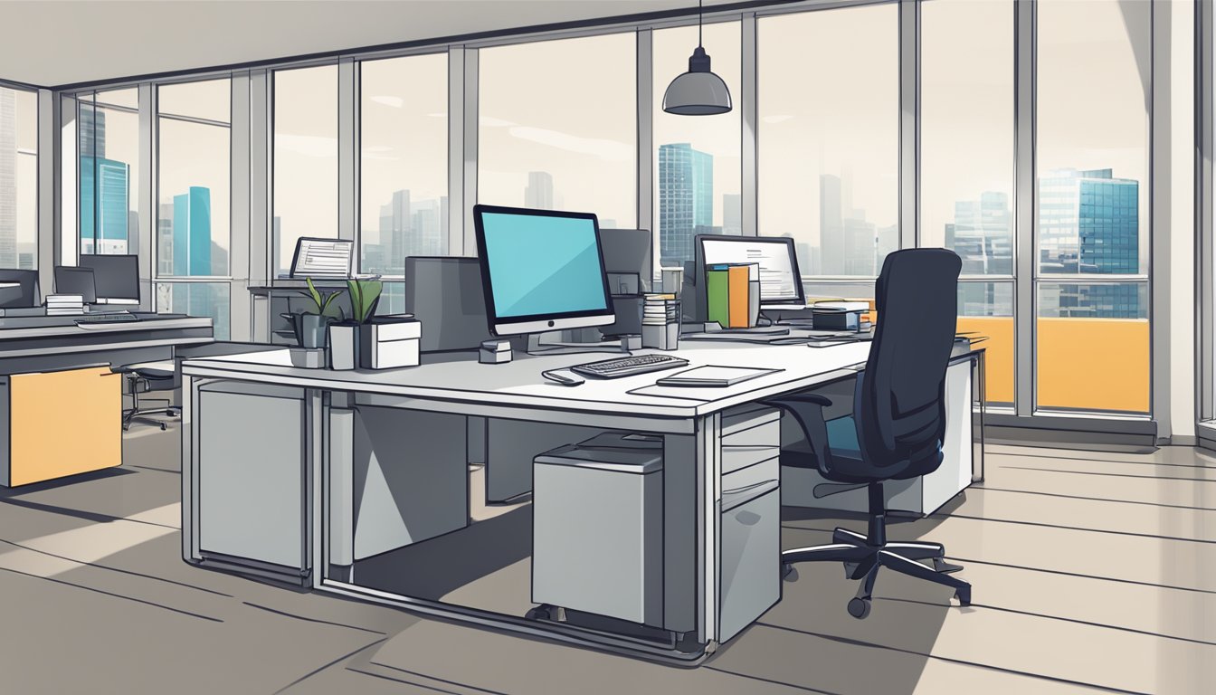 A modern office setting with a desk, computer, and paperwork. A sign with "Capitall Pte Ltd SME Business Loans SG Review" prominently displayed