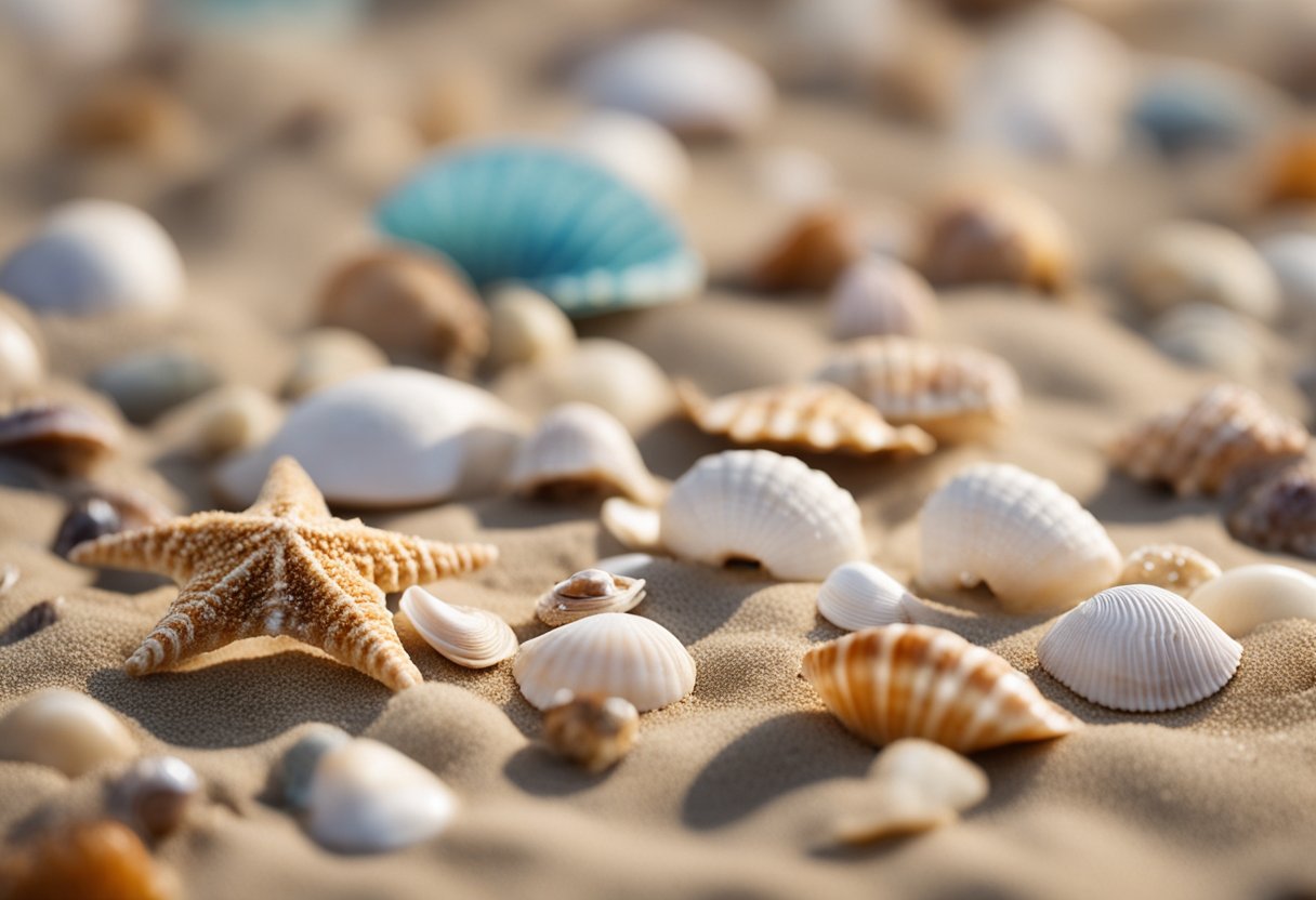 A sandy beach with waves gently lapping at the shore, scattered with unique and colorful seashells of various shapes and sizes