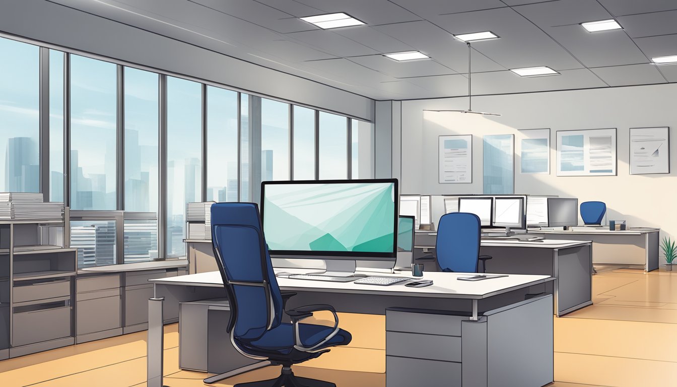 A modern office setting with a sleek desk, computer, and paperwork, representing the professional environment of Capitall Pte Ltd SME Business Loans