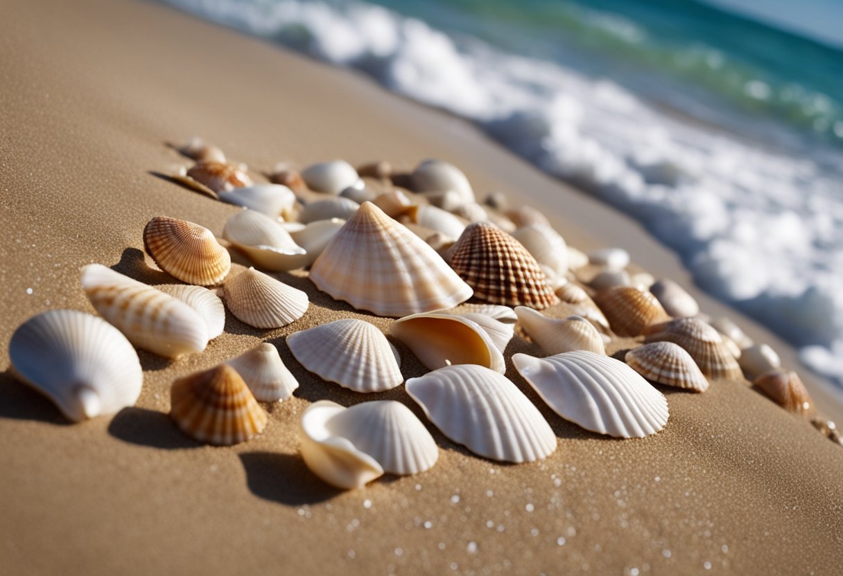 A collection of rare seashells arranged on a sandy beach, with waves gently lapping in the background