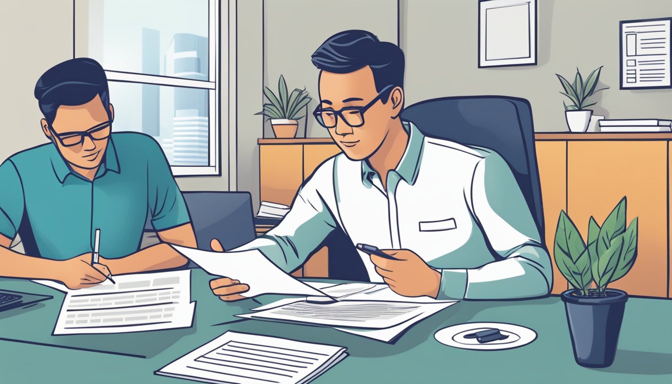 A business owner fills out loan application forms while a Capitall Pte Ltd representative reviews and approves the documents