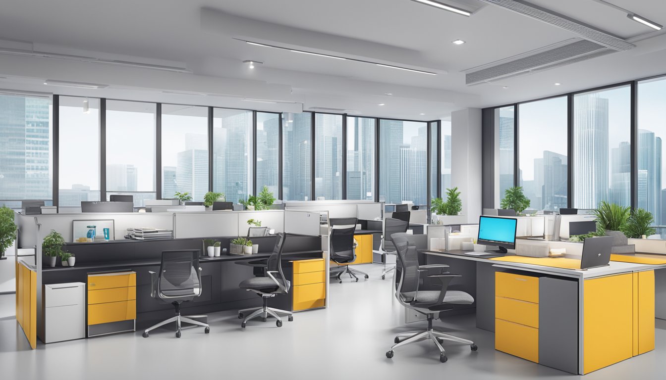A modern office setting with a sleek and professional atmosphere, featuring a Capitall Pte Ltd logo prominently displayed, alongside charts and graphs showcasing the success of their SME business loans