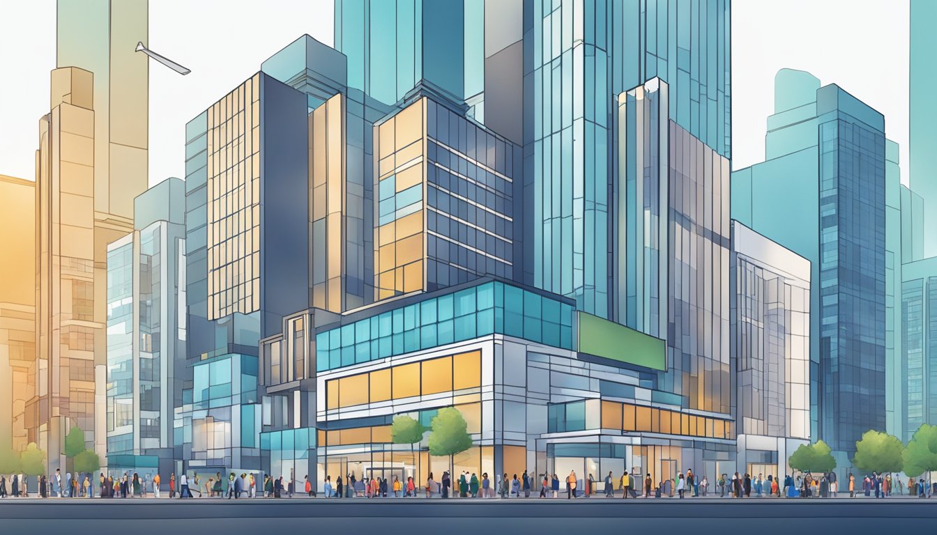 A bustling cityscape with multiple financial institutions, showcasing Capitall Pte Ltd's modern office facade and a line of SME owners entering for business loans