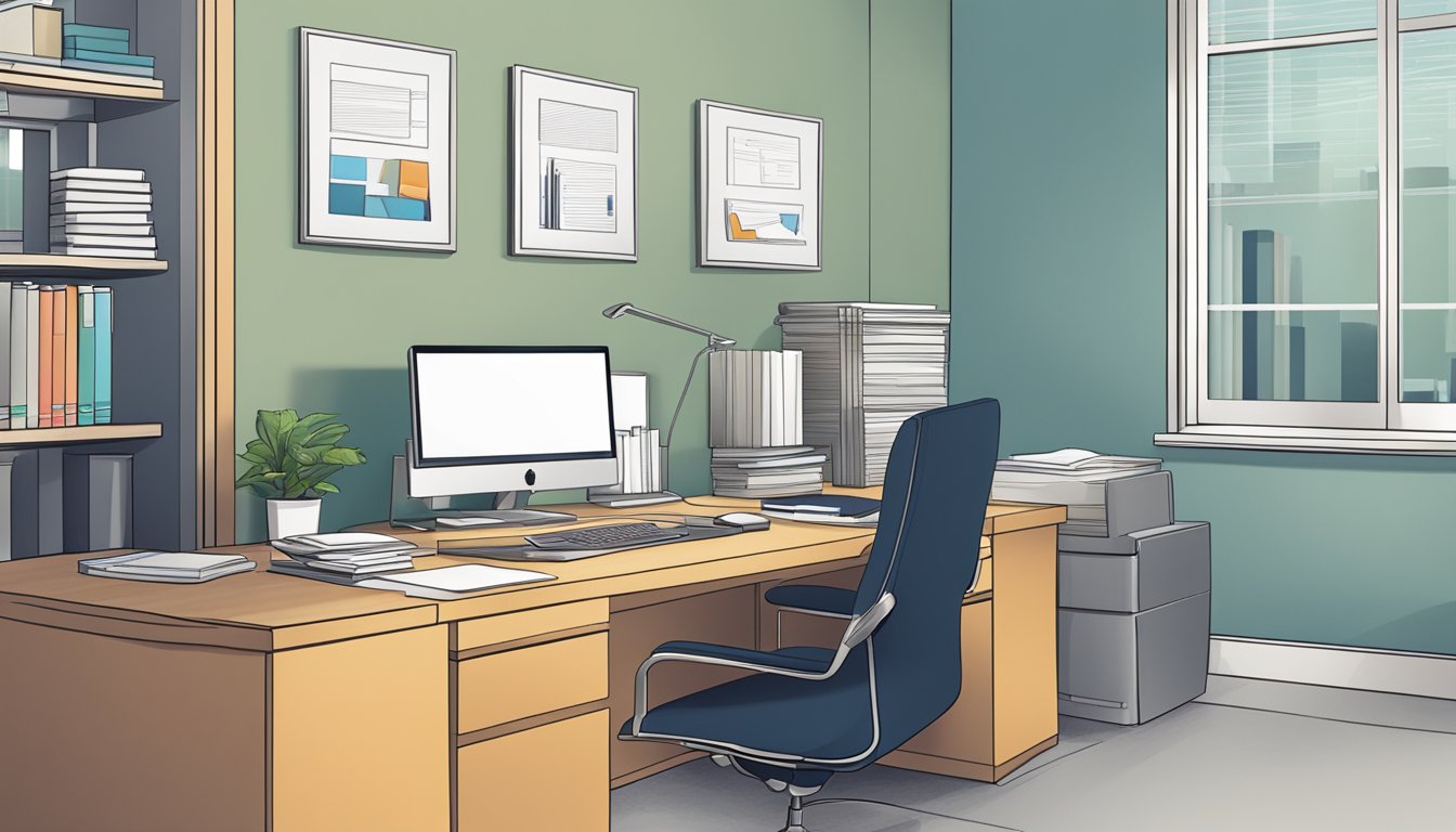 A modern office setting with a desk, computer, and paperwork. The scene exudes professionalism and efficiency