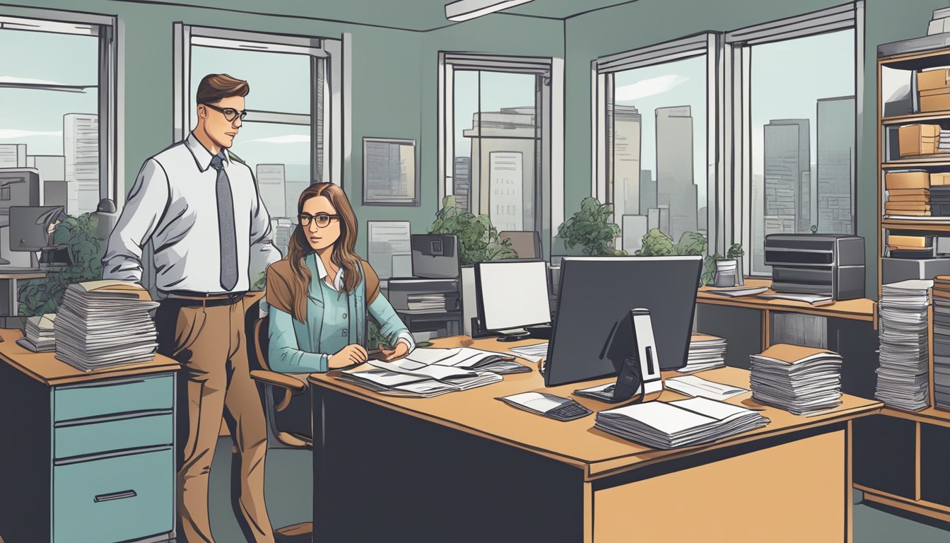 A busy office setting with a banker discussing loan terms with a small business owner, surrounded by paperwork and a computer