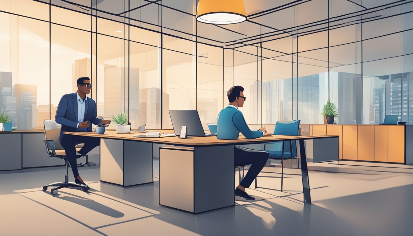 A sleek, modern office setting with a business owner discussing loan options with a CIMB representative. Documents and charts on the table indicate a professional and efficient atmosphere