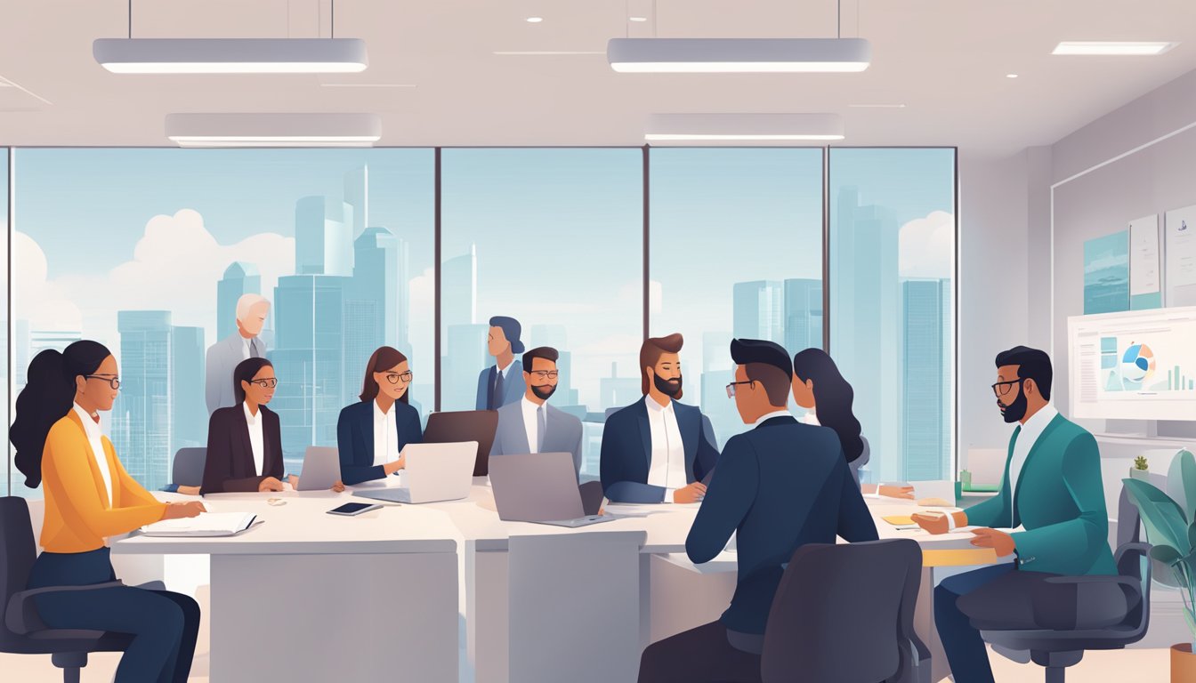A group of diverse business owners reviewing CIMB BizGrow loan criteria in a modern office setting