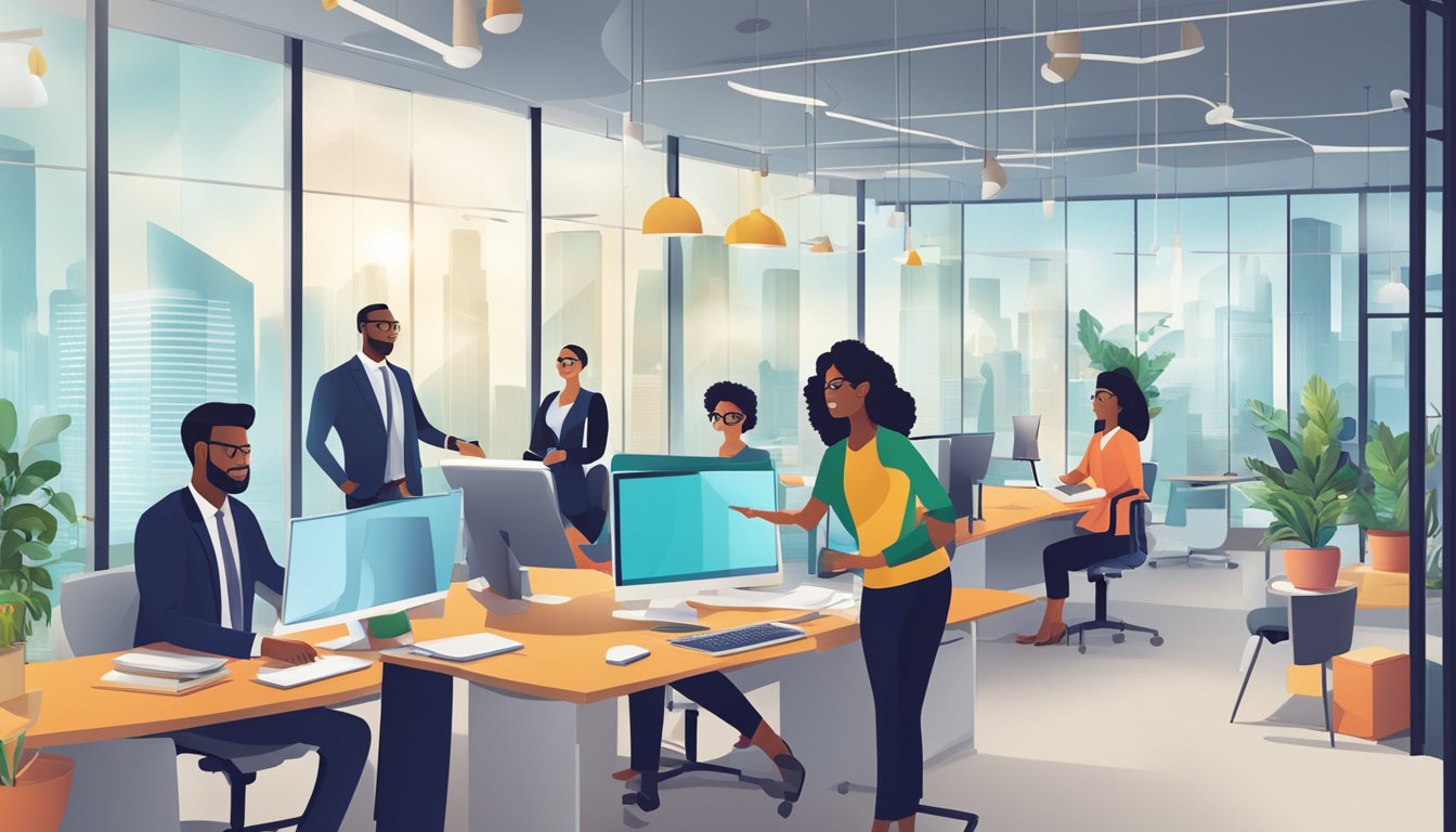 A vibrant, modern office setting with a focus on growth and success. A group of diverse entrepreneurs collaborating and strategizing. A prominent CIMB BizGrow Business Loan banner displayed prominently