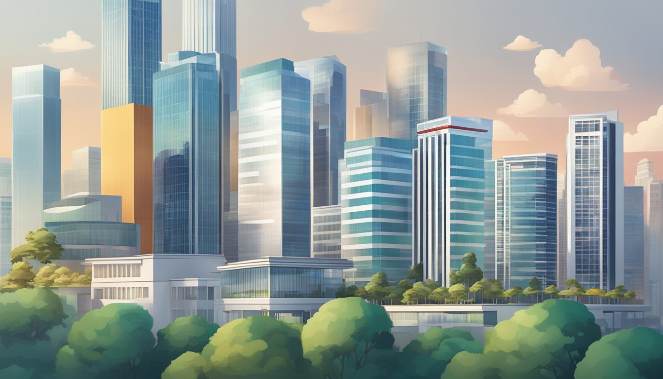 A row of modern office buildings, with the CIMB BizGrow logo prominently displayed, stands out among the surrounding competitors' buildings