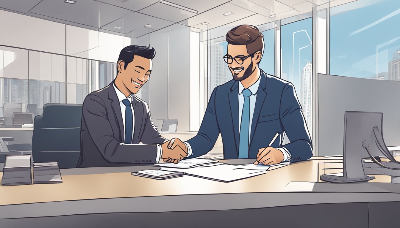 A business owner signs a contract with CIMB BizGrow loan officer at a sleek, modern office desk. The loan officer smiles as they shake hands, sealing the deal