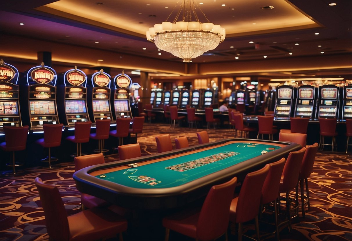 A colorful, bustling casino with bright lights, slot machines, and card tables. People are cheering and celebrating their wins, creating a lively and exciting atmosphere