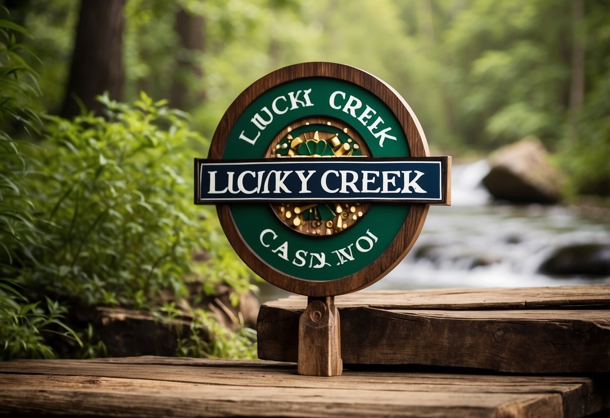 The Lucky Creek casino logo is displayed prominently on a rustic wooden sign, surrounded by lush greenery and a flowing creek