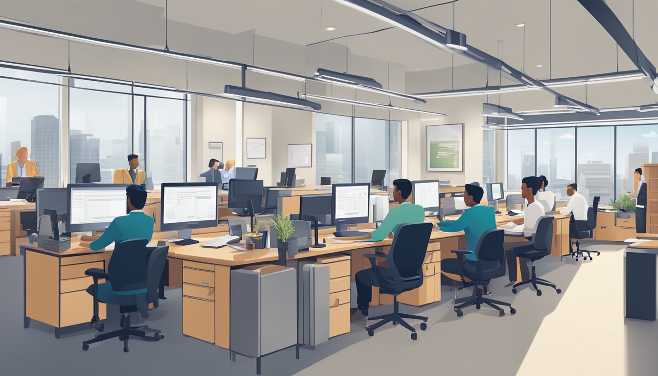A bustling office with employees working diligently at their desks, while a bank representative discusses the CIMB BizAssist - Business Working Capital Loan with a small business owner