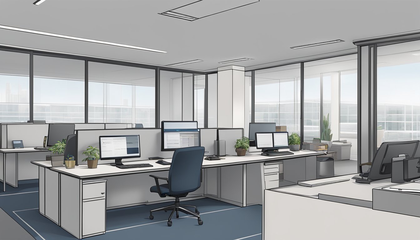 An office setting with a desk, computer, and paperwork. A logo for CIMB BizAssist is visible on the computer screen
