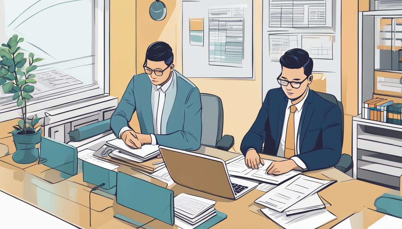 A business owner reviewing eligibility criteria for CIMB BizAssist loan, with documents and calculator on desk