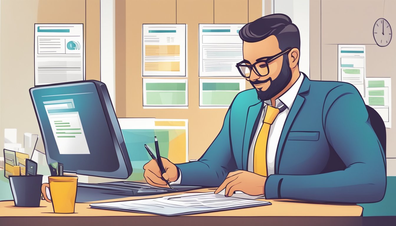 A business owner fills out an application form online. A bank representative reviews the application and approves the working capital loan