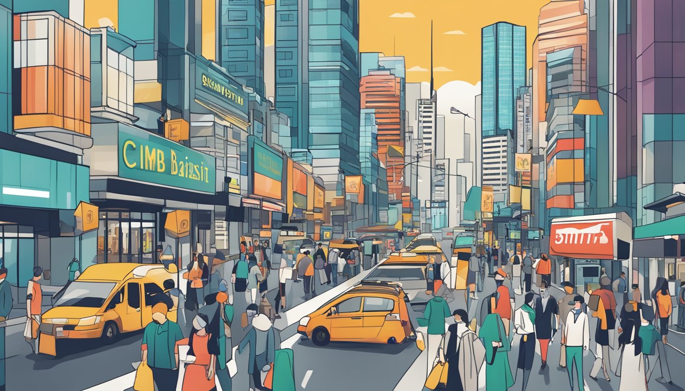 A bustling city street with various businesses, each with a distinct sign displaying "CIMB BizAssist - Business Working Capital Loan SG Review" stands out among the rest