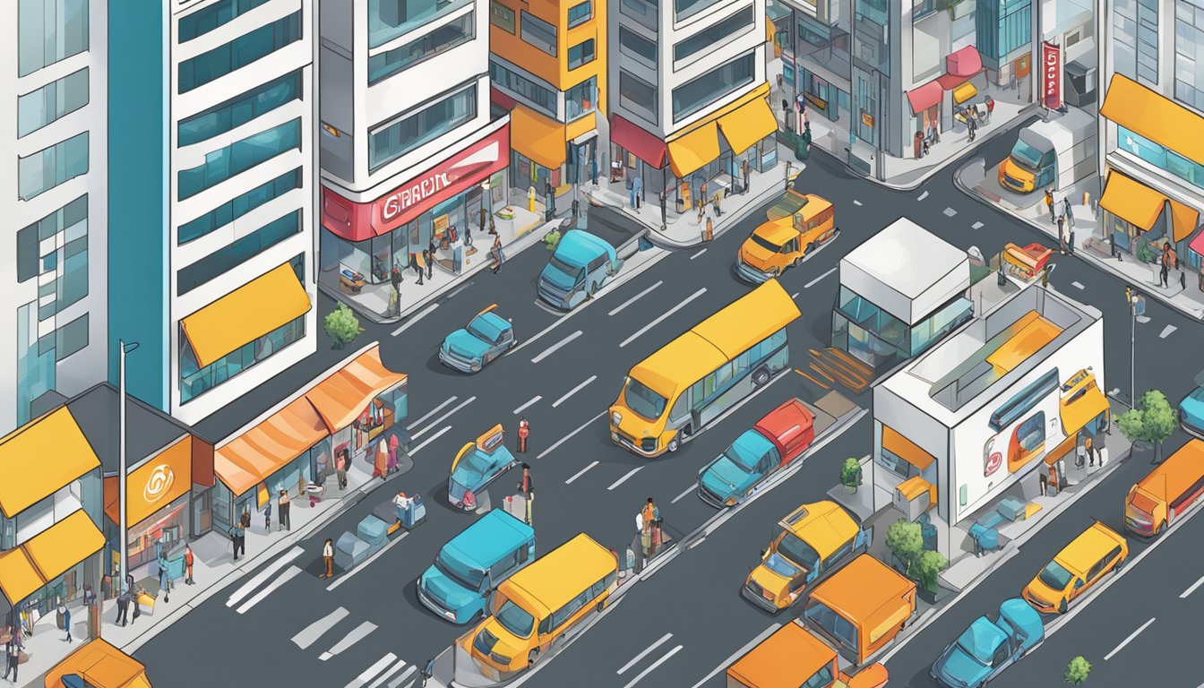 A bustling city street with various businesses and financial institutions, with CIMB BizAssist standing out among competitors. Bright signage and a steady stream of customers illustrate its popularity