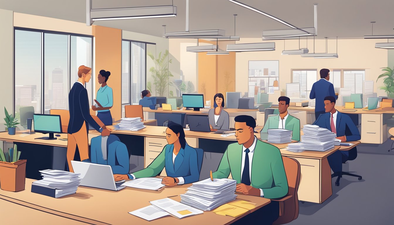 A bustling office with people working at desks, a banker discussing loan terms with a business owner, and a stack of documents on a table
