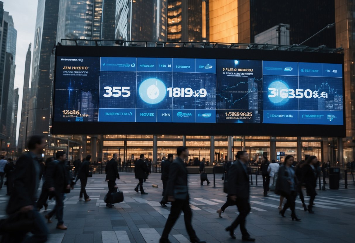 A bustling city street with futuristic digital billboards and stock market tickers, showcasing the merging of fintech and Dow Jones