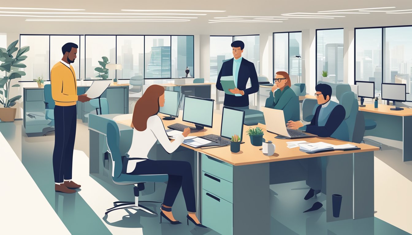 A bustling office with SME owners discussing financial documents and strategizing for growth, while a loan officer reviews their application with a focused expression